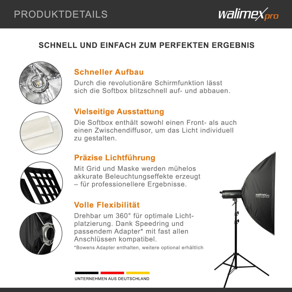 Studio Striplight Softbox 40x120cm + adattatore softbox per Elinchrom (diametro esterno: 15,2 cm), ruotabile a 360°, facile da montare grazie alla funzione ombrello, include griglia,