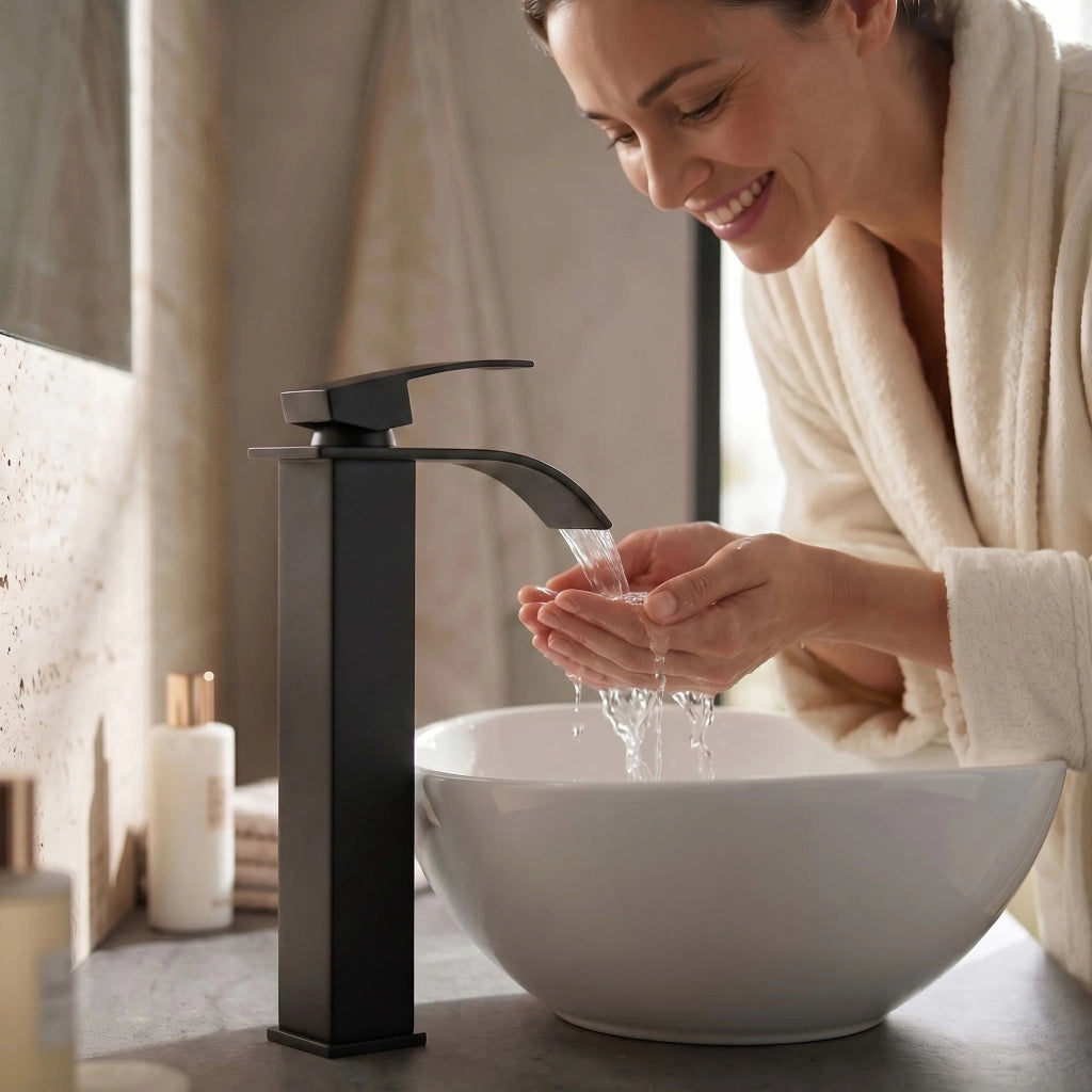 Rubinetto lavabo alto a cascata nero da appoggio miscelatore bagno EVIO