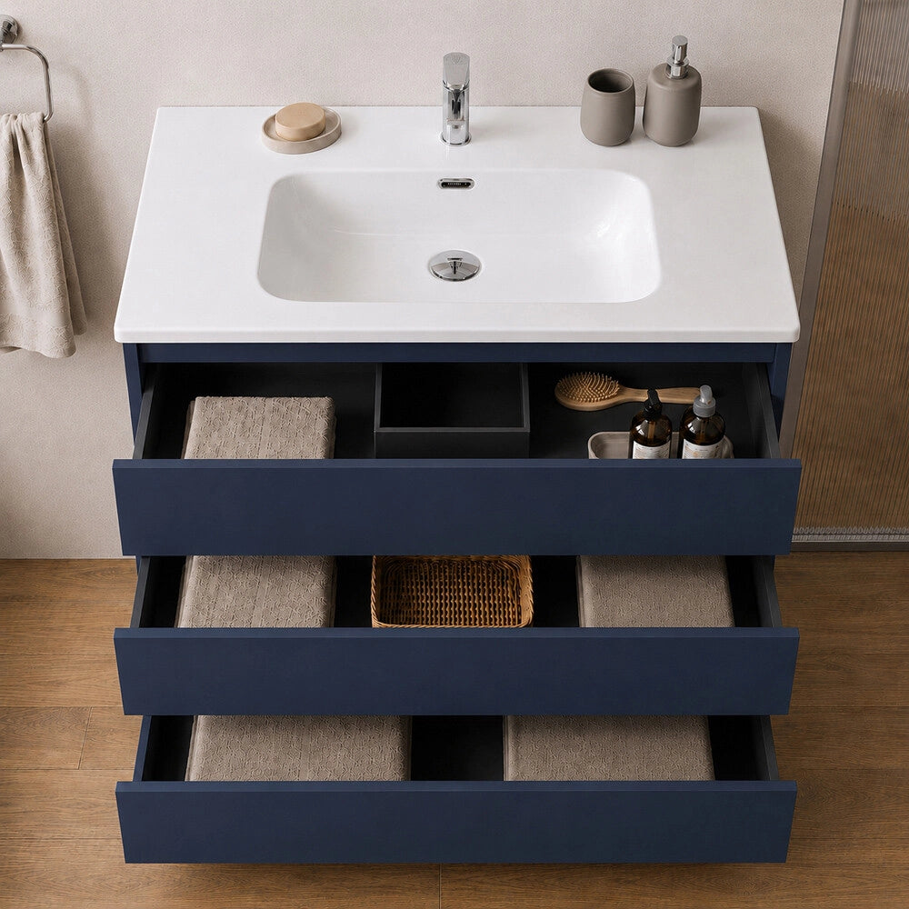 Mobile bagno a terra 100 cm blu tre cassetti push-pull con lavabo Tierra