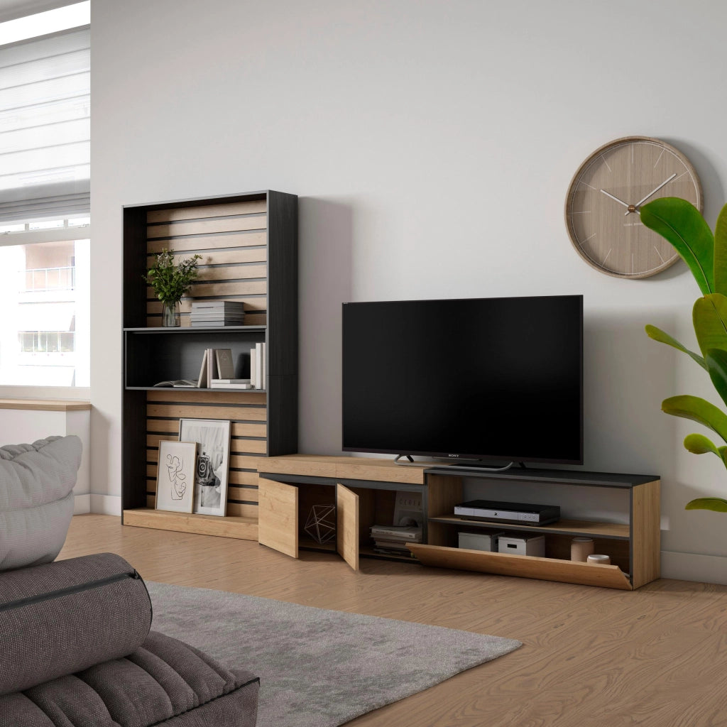 Mobile TV, Soggiorno, 310x35x186cm, Per TV fino a 80", Set di mobili, colore Rovere e nero RF2855