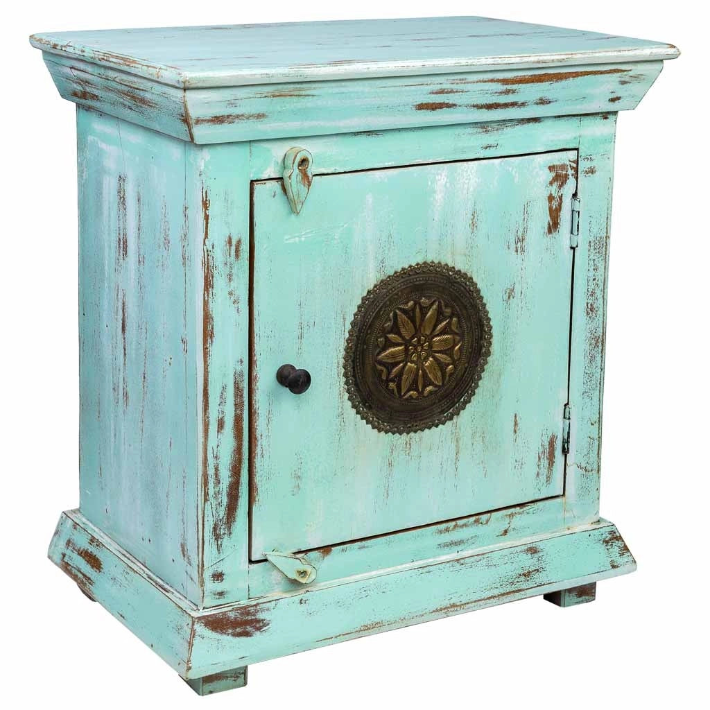 Comodino in legno e metallo con finitura artigianale verde 55x35x60h