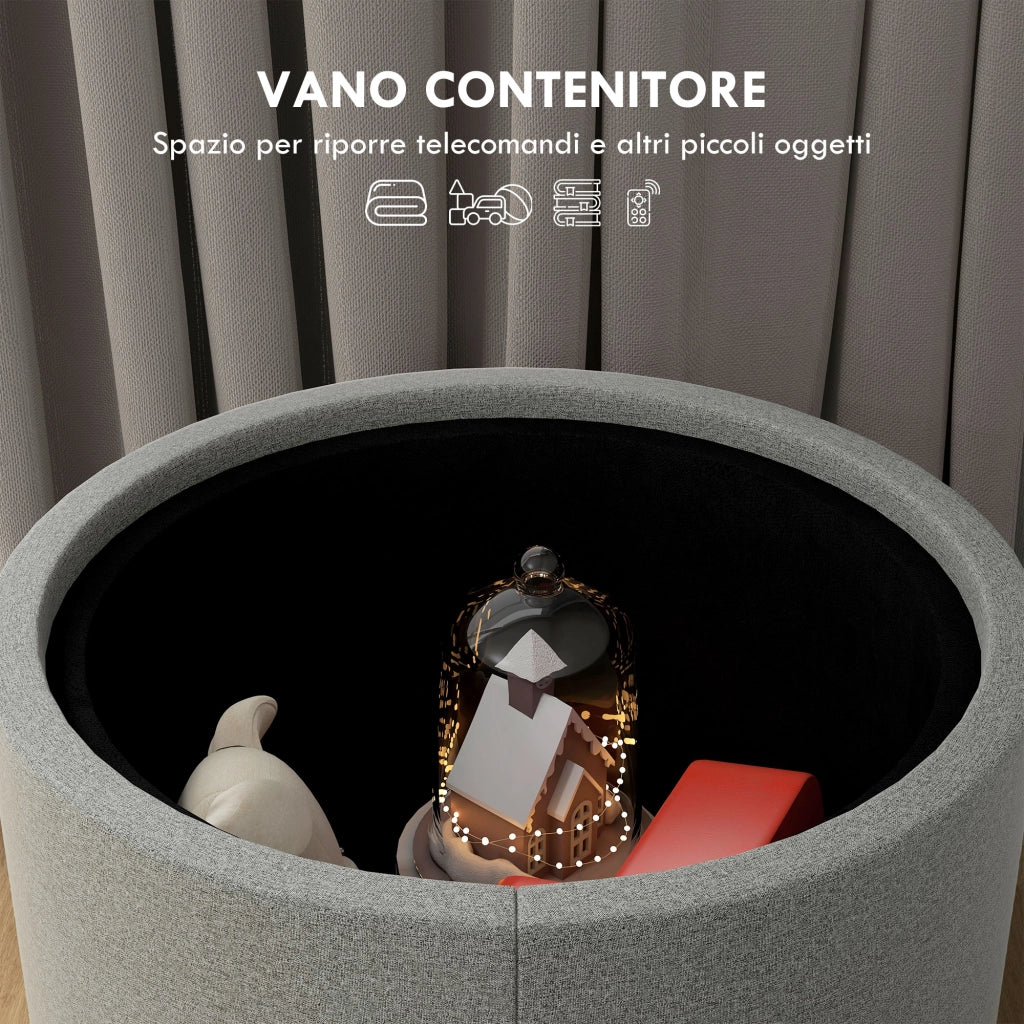 Pouf Contenitore con Vassoio Ribaltabile ¨C Xylo ¨C Grigio Effetto Lino 56x56x42 cm