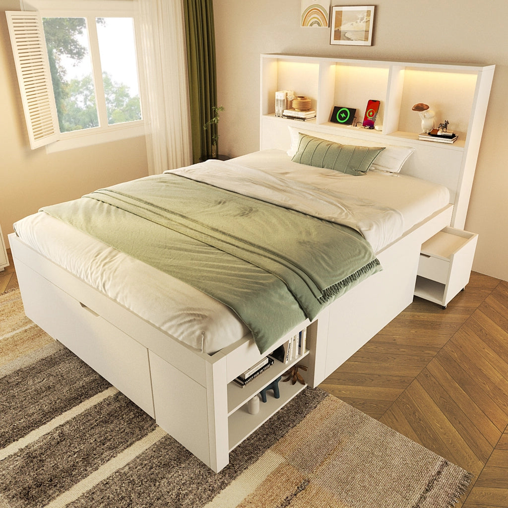 Letto singolo funzionale 90x200 cm Bianco - Zephmum - Con LED, USB-C, cassetti e scaffali, incl. materasso