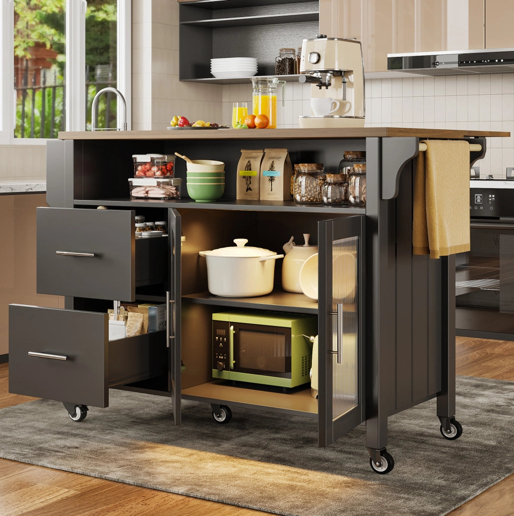 Isola cucina nera con ante in vetro, LED e ruote