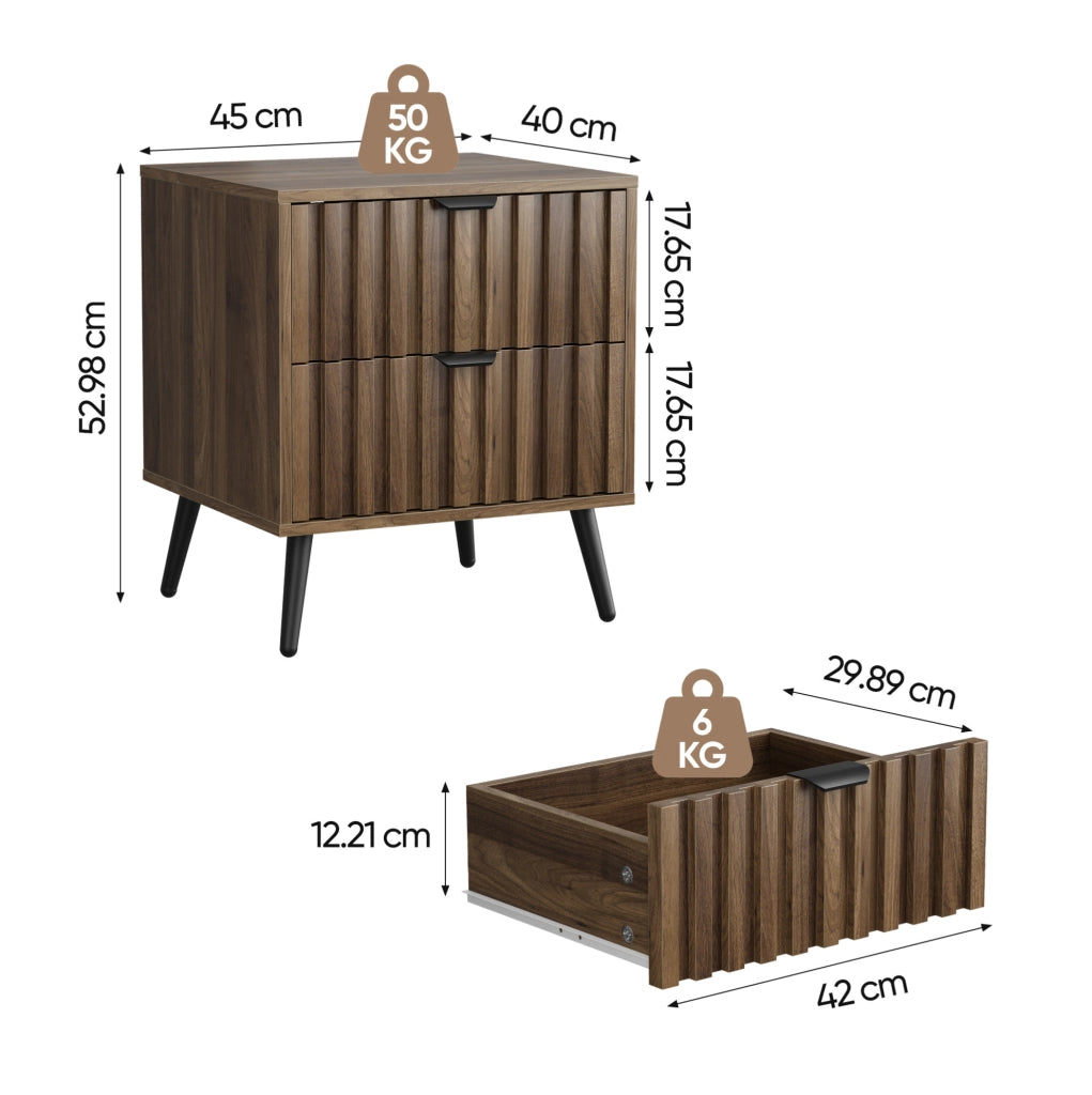Comodino ULEVR 45x40x53 cm con 2 cassetti e gambe in metallo, MDF color noce