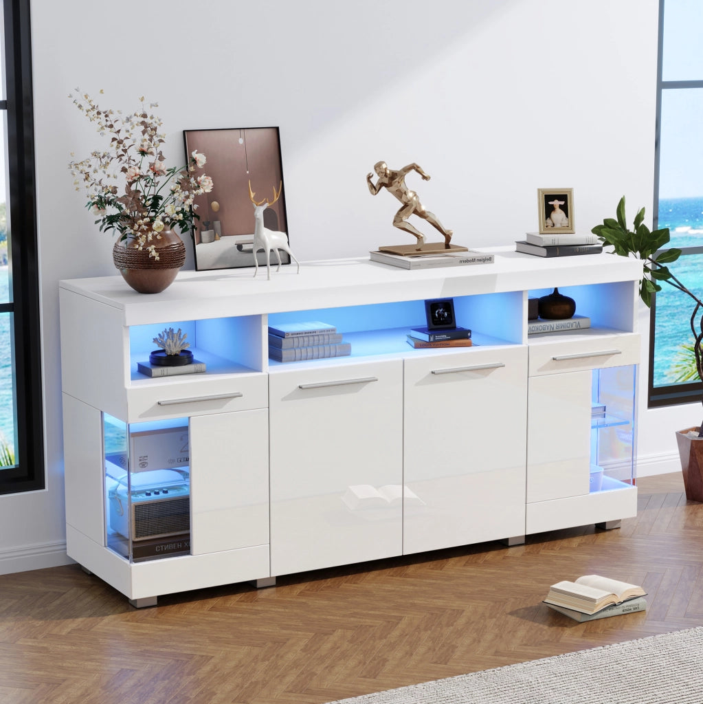 Sideboard moderno bianco 140x40x70 cm con luce a LED e vetro temperato