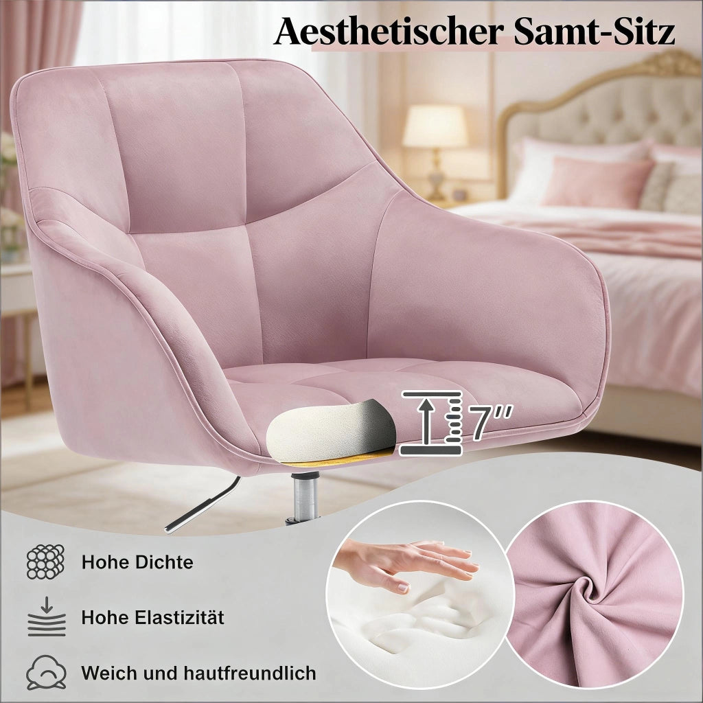 Sedia da Ufficio Girevole con Altezza Regolabile, Design Ergonomico e Braccioli, in Velluto, Rosa