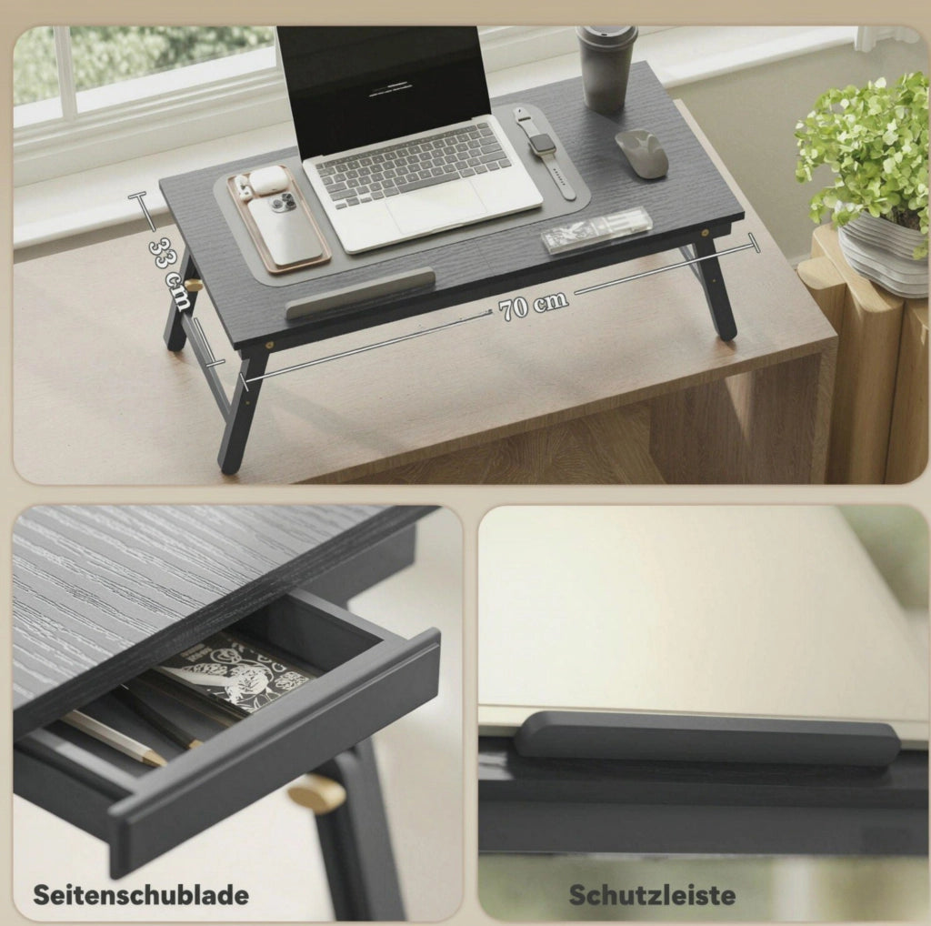 Tavolino da letto pieghevole e regolabile in bambù con piano inclinabile 70x33 cm nero