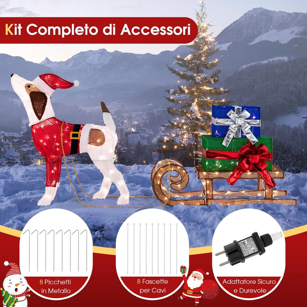Decorazioni Natalizie Illuminate di Cane e Slitta, Luci Natalizie a Forma di Cane da Esterno Interno, Decorazione Natalizia Festosa con 170 Luci LED per Giardino e il Cortile