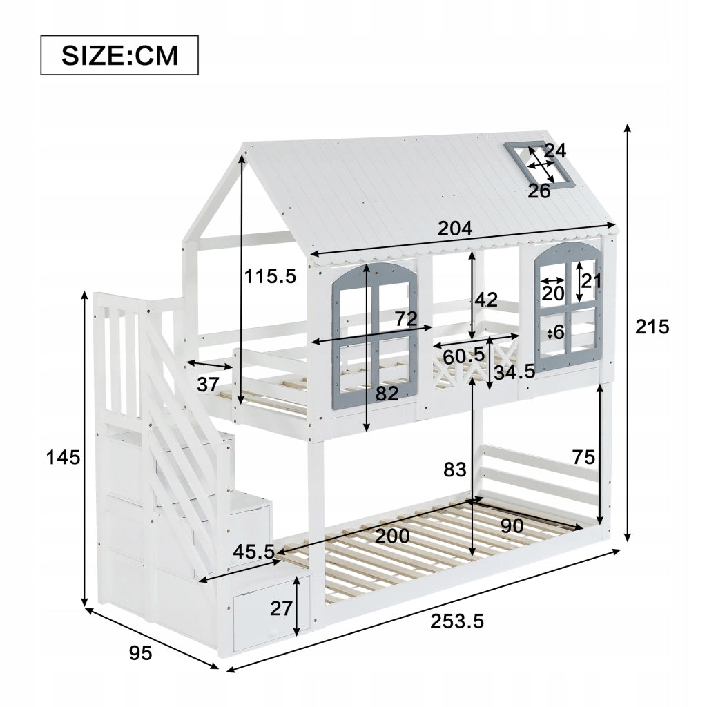 Letto a castello con 3 armadietti 90x200 - Xylo - Bianco+Grigio