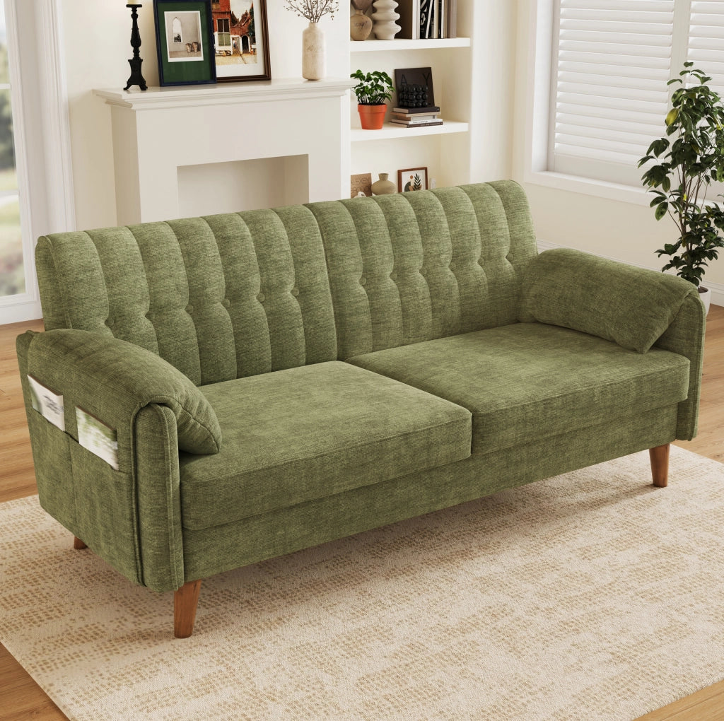 Divano 2 posti in chenille verde 161;5x79x83;5 cm con tasche laterali e cuscini removibili