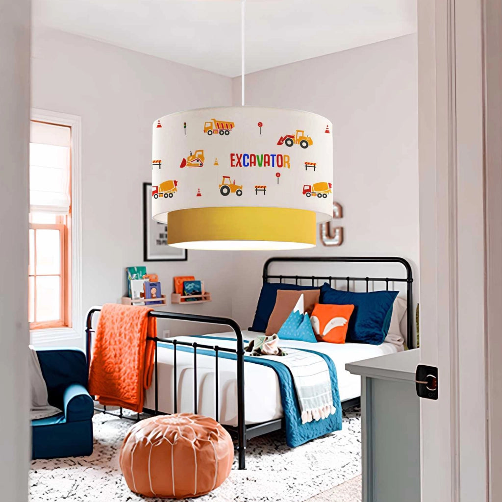 Lampada a Sospensione Lurgan per Cameretta Decorato con Veicoli da Lavoro - Bianco / Oro lux.pro