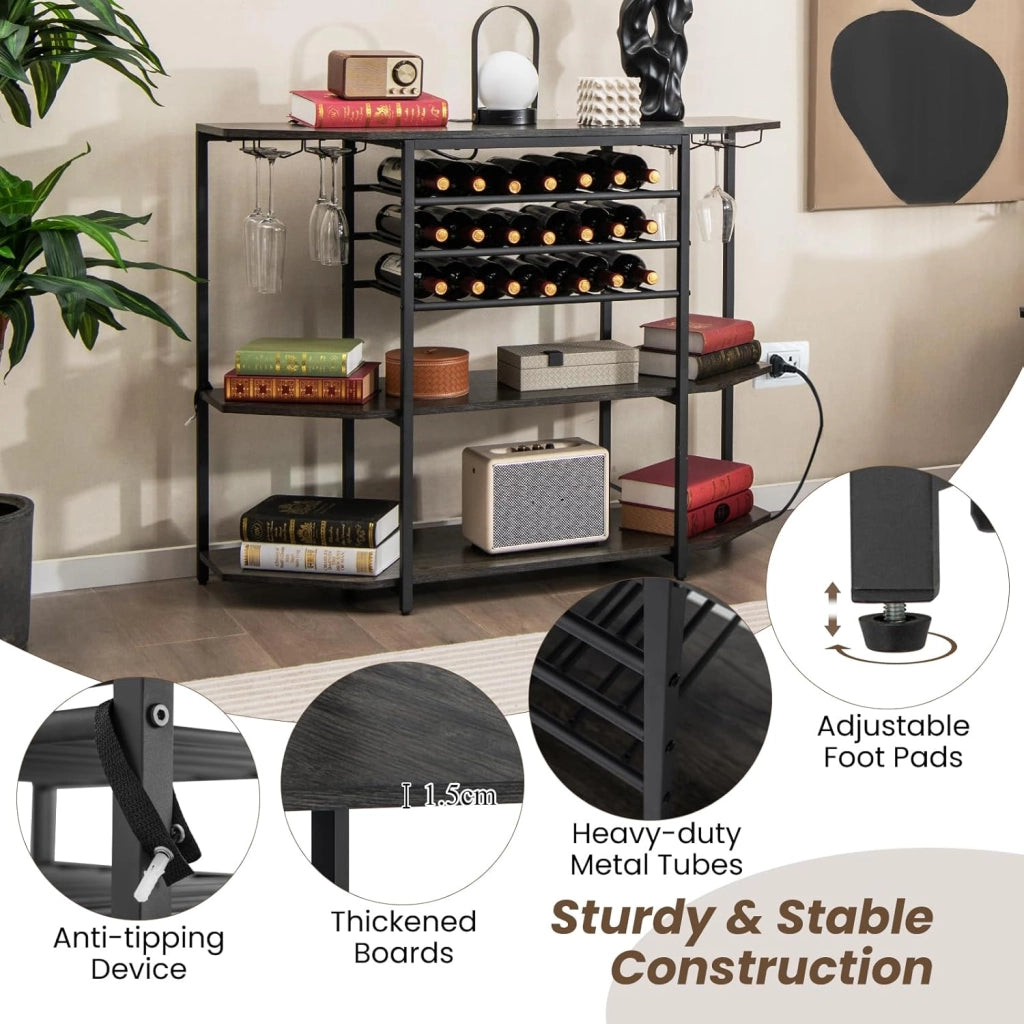 Credenza con portabottiglie per 21 bottiglie, Tavolo da cucina stretto con 2 porte USB e 2 prese, Portabottiglie a 3 livelli con portabicchieri, Tavolo portavino industriale Armadietto per