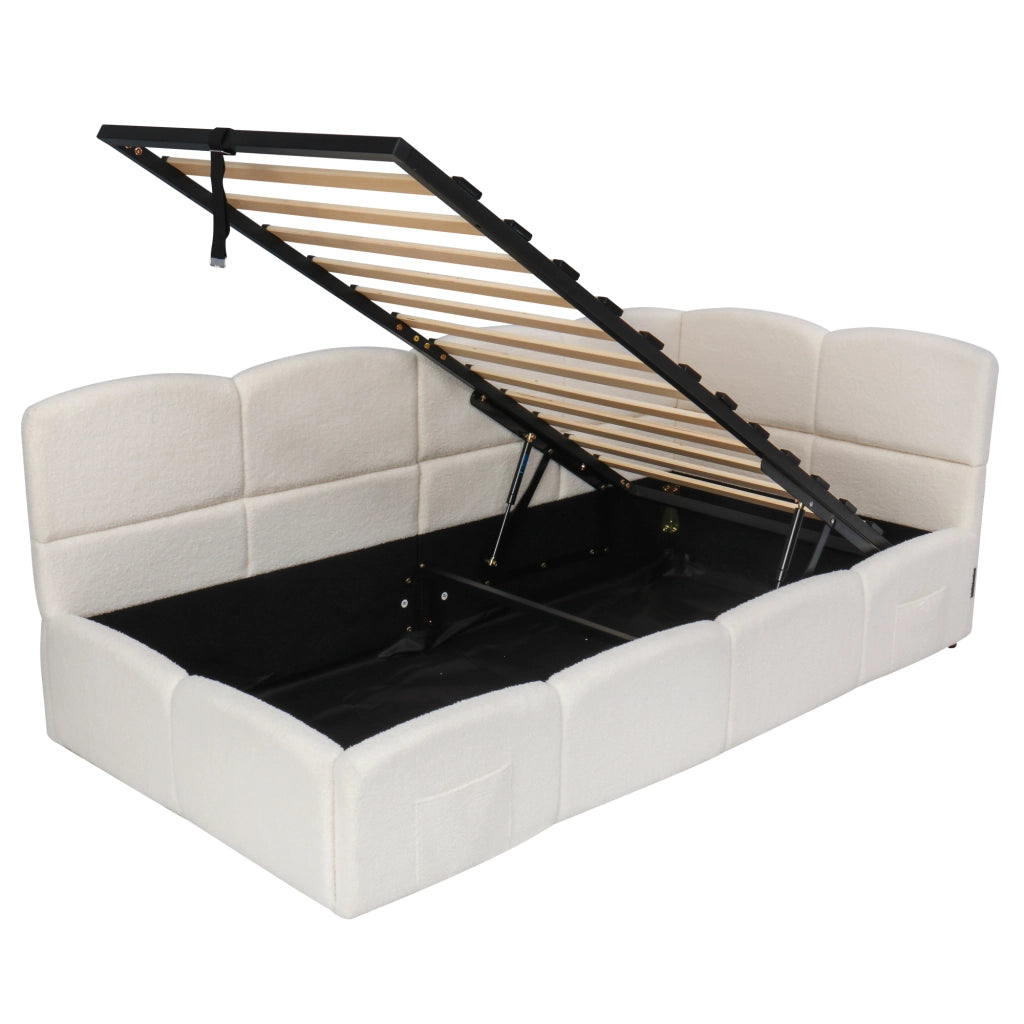 Letto singolo imbottito 90x200 cm in bouclé beige con contenitore idraulico, porte USB-A/USB-C e tasche laterali