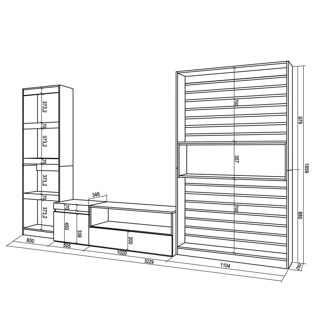 Mobile TV, Soggiorno, 320x35x186cm, Set di mobili, colore Rovere e nero RF2591