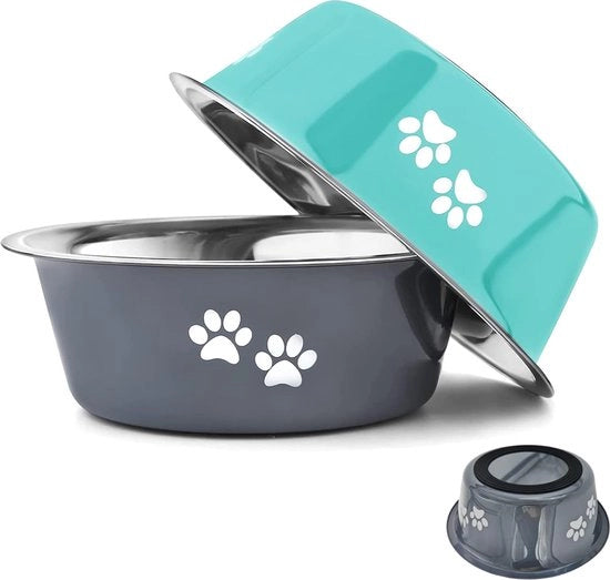 Bacini per cani, 2 pezzi, per cani di taglia media e grande, ciotola per cibo, ciotola per acqua, ciotola per cibo con gomma antiscivolo in silicone, ciotola per cibo elevata in acciaio inossidabile (blu-grigio, diametro 21 cm, 1560 ml)