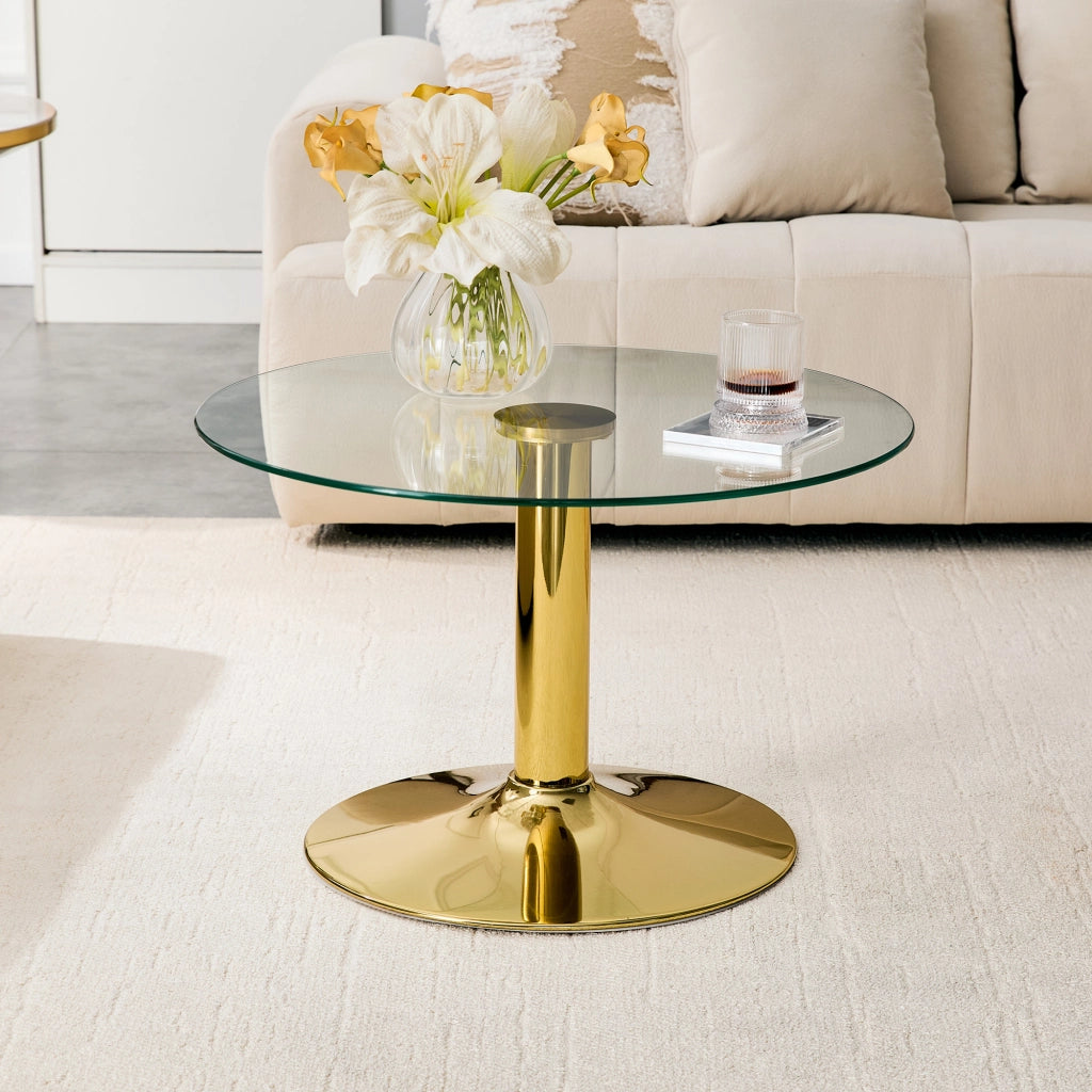 Tavolino basso con piano in vetro temperato e base in metallo, stile moderno, in vetro e metallo, oro, diametro 70 cm