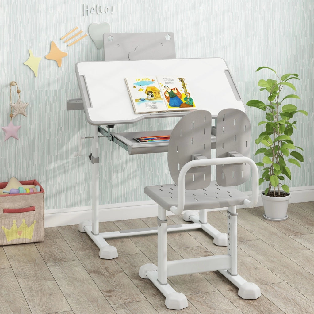 Scrivania per bambini con piano inclinabile sedia ergonomica, Set di scrivania e sedia regolabile in altezza Grigio-Tavoli e sedie