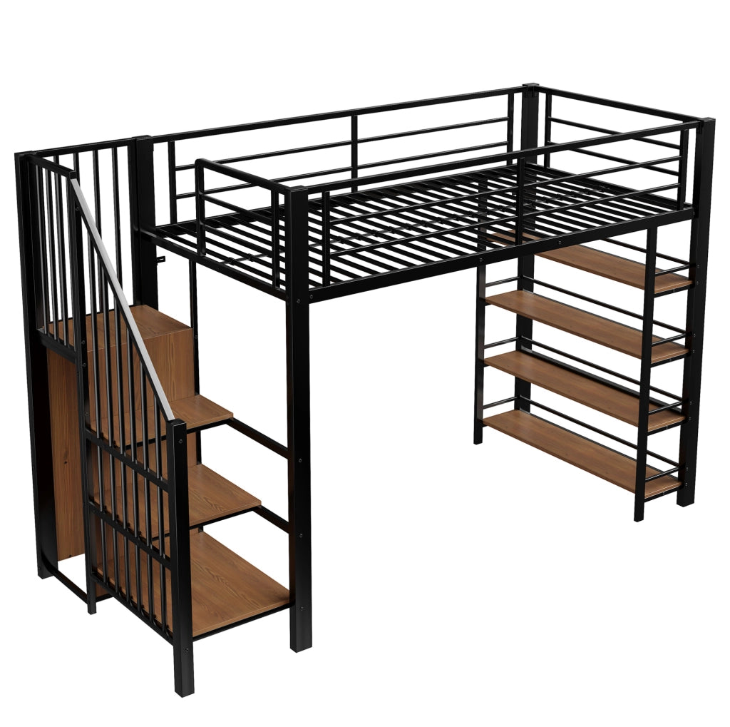 Letto a soppalco 90x200 cm in metallo nero con scala; armadio e ripiani