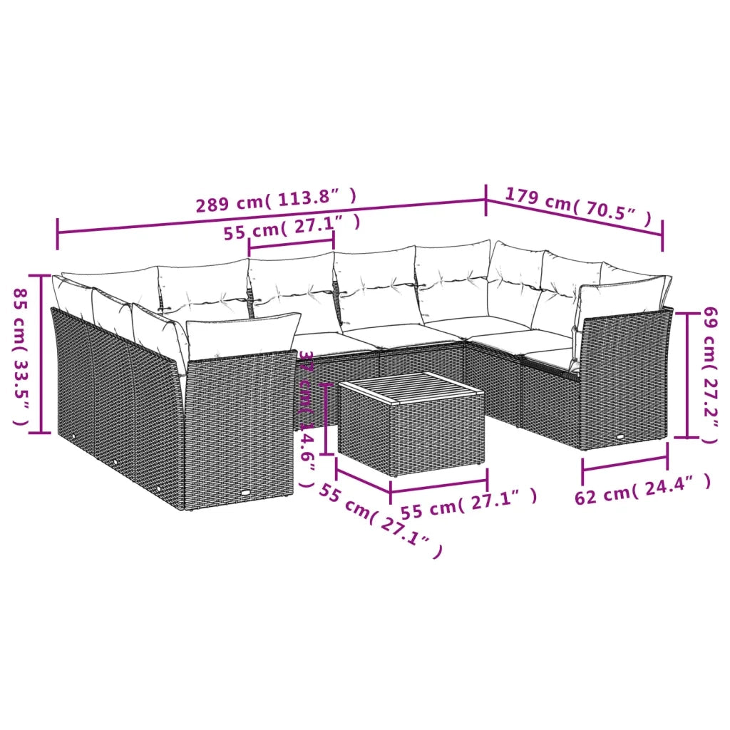 Set Divano da Giardino 10 pz con Cuscini Beige in Polyrattan