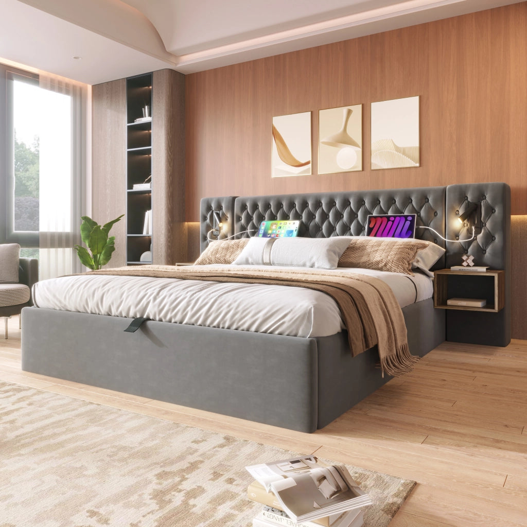OKWISH Camera Completa con Letto Contenitore Idraulico 180 x 200 cm e 2 Comodini con Luci da Lettura e Porte USB, Velluto Grigio