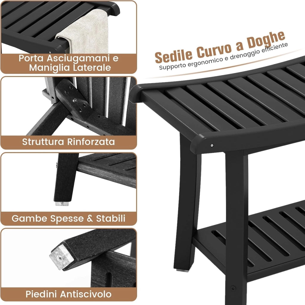 Sgabello da Doccia, Sgabello da Bagno Impermeabile con Sedile Curvo, con Portasciugamani e Piedini Antiscivoli, Panca Versatile con Ripiano, 60,5 x 34 x 48 cm (Nero)