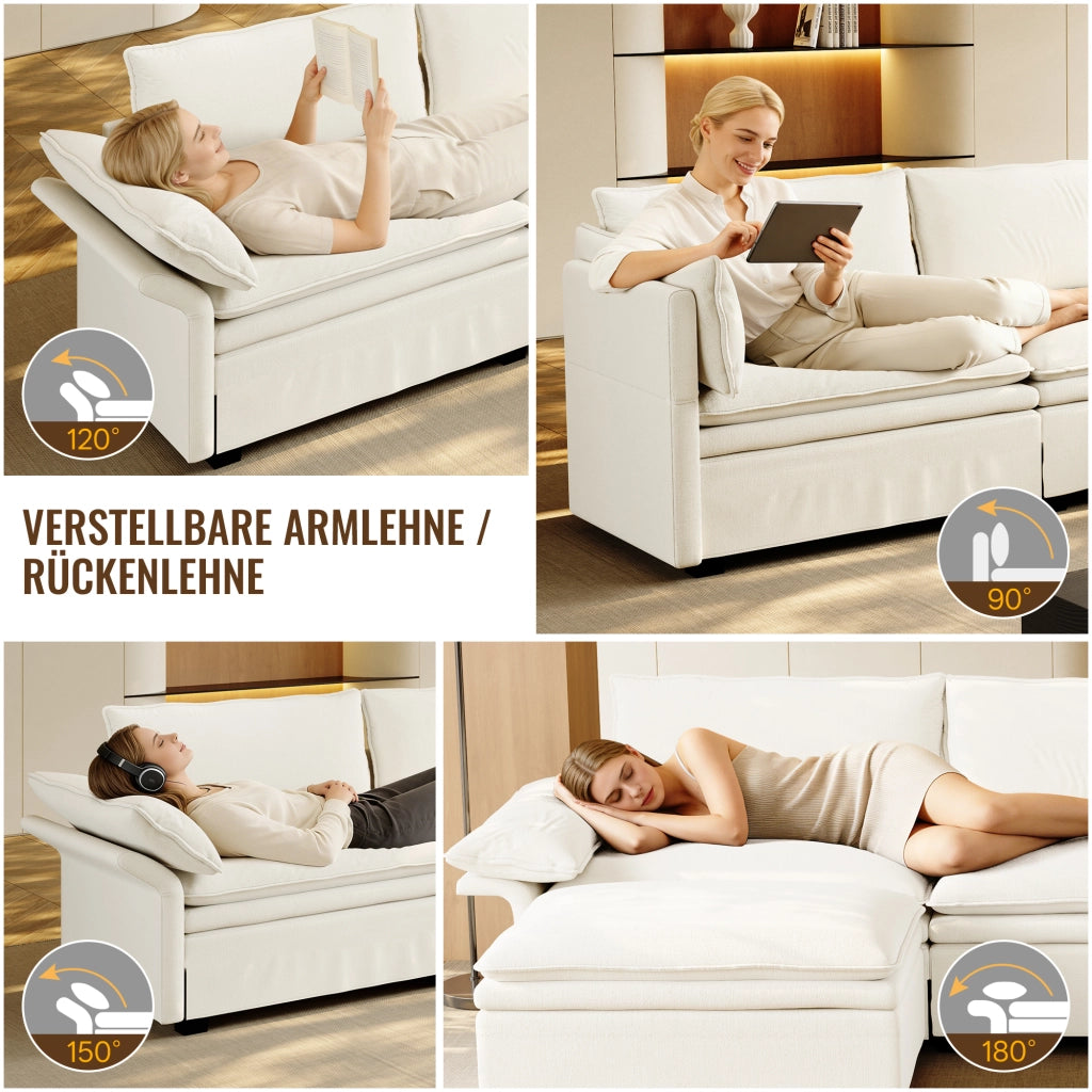 Divano angolare modulare 4 posti con contenitore ricarica wireless audio bluetooth e luci in chenille beige e bianco