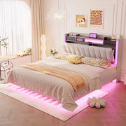 DESMIU Letto Matrimoniale Imbottito 140 × 200 cm con USB, LED, Vano Contenitore e Ripiani, Senza Materasso