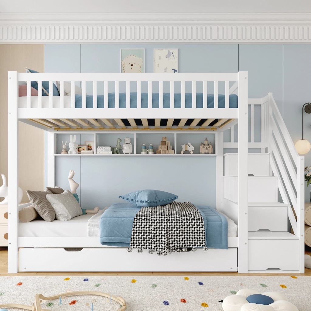 Letto a castello con letto estraibile scaffale armadio vano contenitore pino bianco 90x200 cm