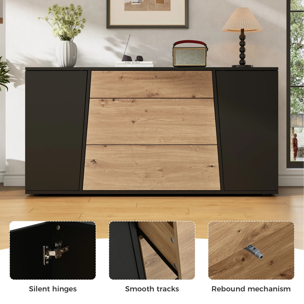 Credenza moderna 140 cm mobile buffet nero e legno con cassetti e ante