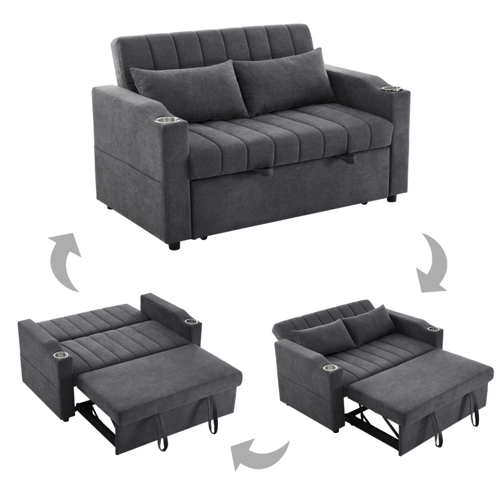Divano letto 2 posti 136x162x84 cm in tessuto grigio con portabicchieri