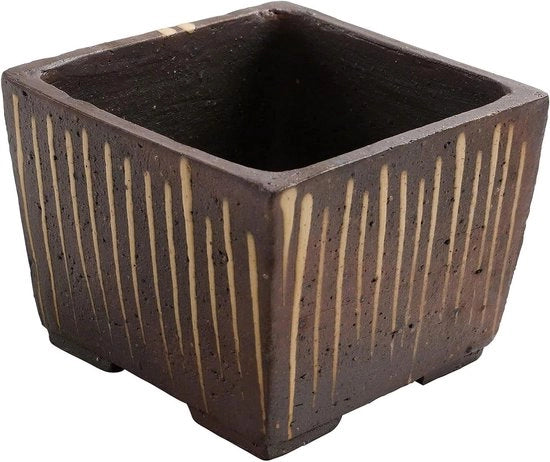 Vaso quadrato artigianale glazurato per bonsai con fori di drenaggio – ceramica 105 mm – Made in Japan – piccolo vaso da giardino decorativo per piante – marrone, serie Tokoname