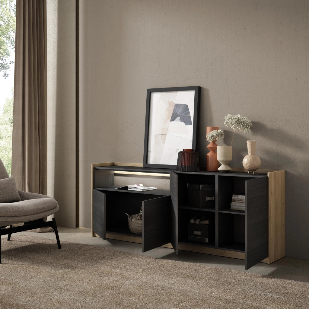 Credenza, Mobile, Cucina, 207x80x37 cm, 4 Porte, LED, Nero e rovere