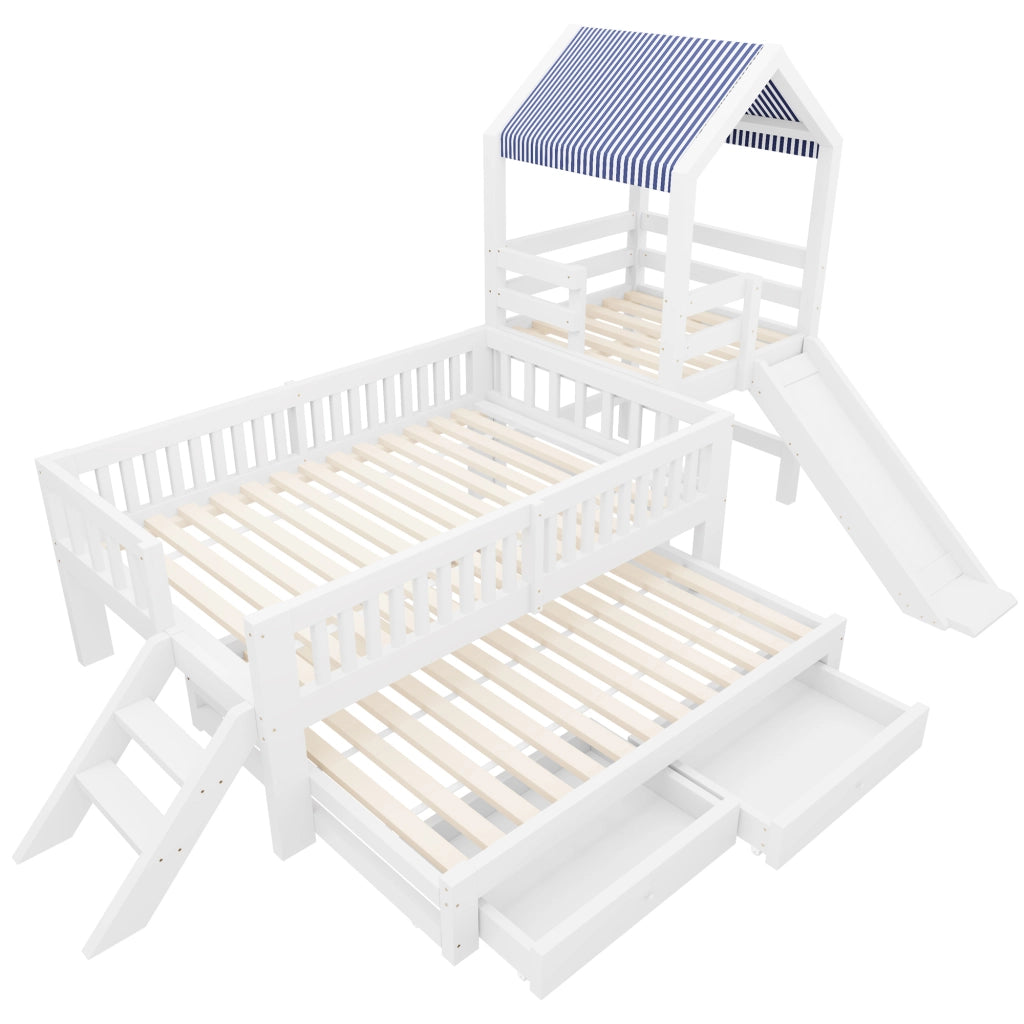 Letto a Castello 90x200 cm; 2 Posti; con scivolo; scala laterale; cassetti; Bianco