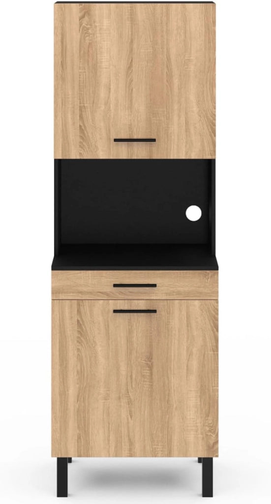 Comò da cucina CINA 60 CM 2 ante + cassetto look nero e faggio