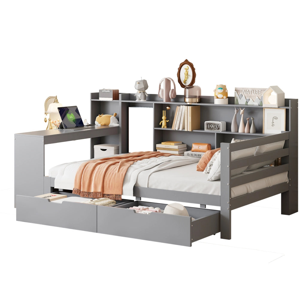 Letto da giorno ULEVR 90x200 cm con scrivania, libreria, 2 cassetti e prese USB, grigio