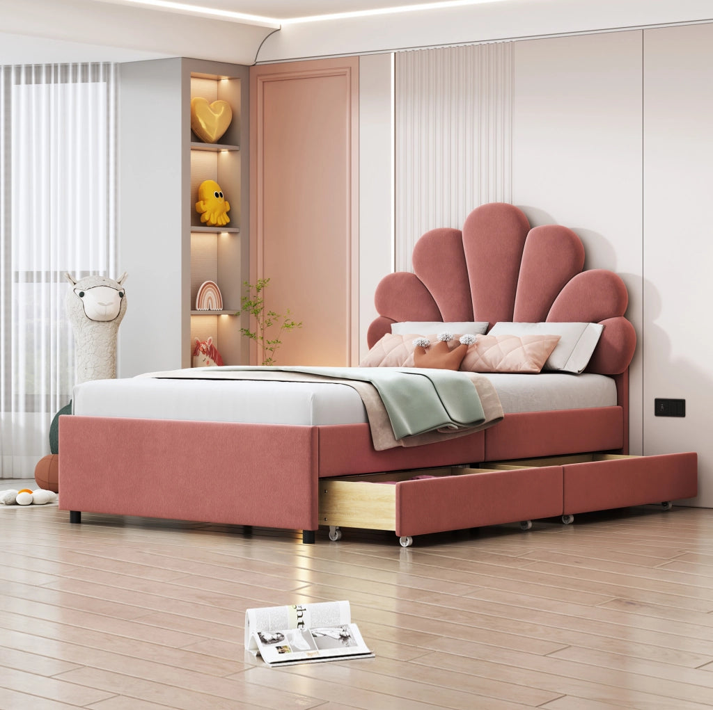 Letto imbottito 90x200 cm; 2 cassetti; velluto; rosa (Senza materasso)