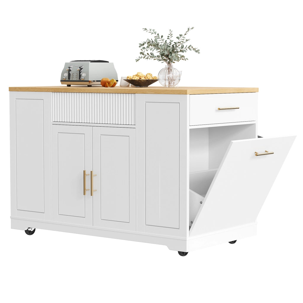 OKWISH Carrello da Cucina con 2 Ante, 3 Cassetti, Vano per Rifiuti e 5 Ruote, per Cucina, 120 × 50 × 92 cm