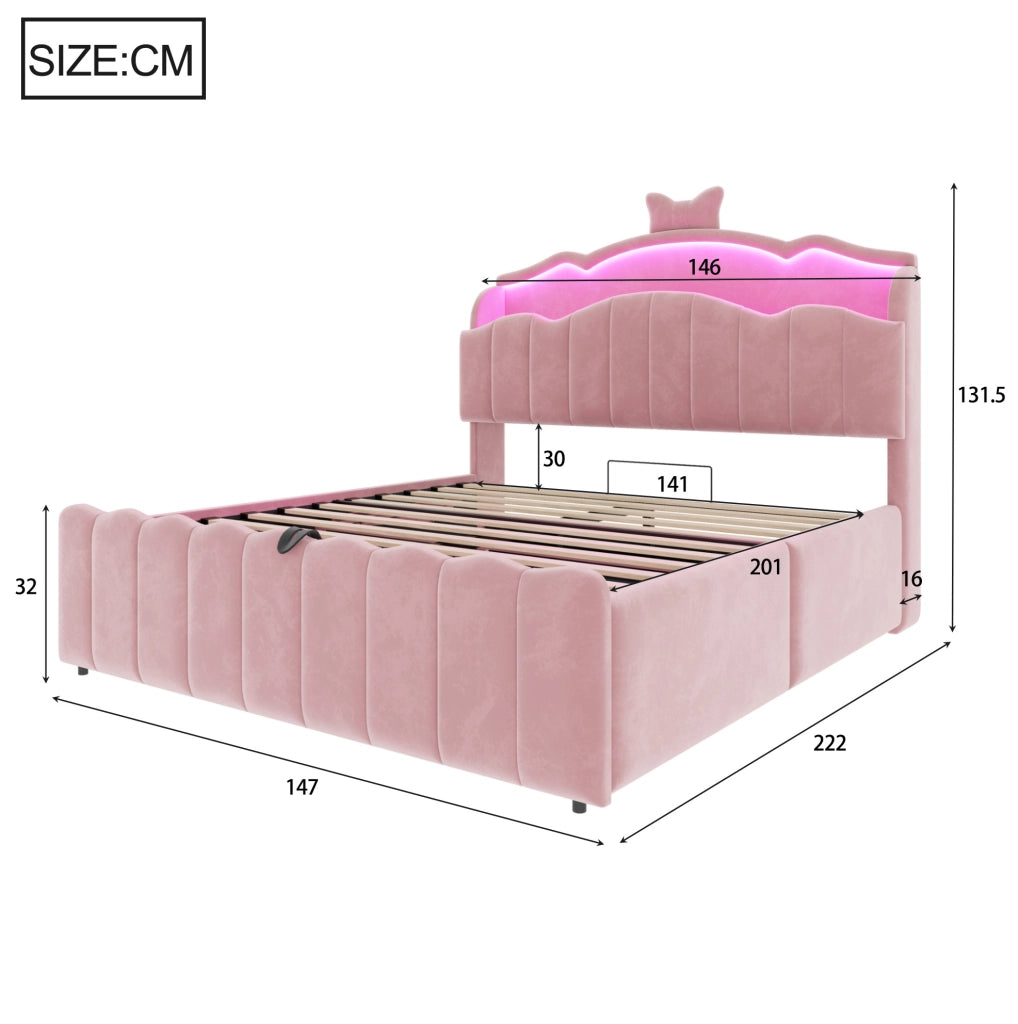 Letto imbottito rosa 140 x 200 cm con LED, ricarica USB e vano contenitore