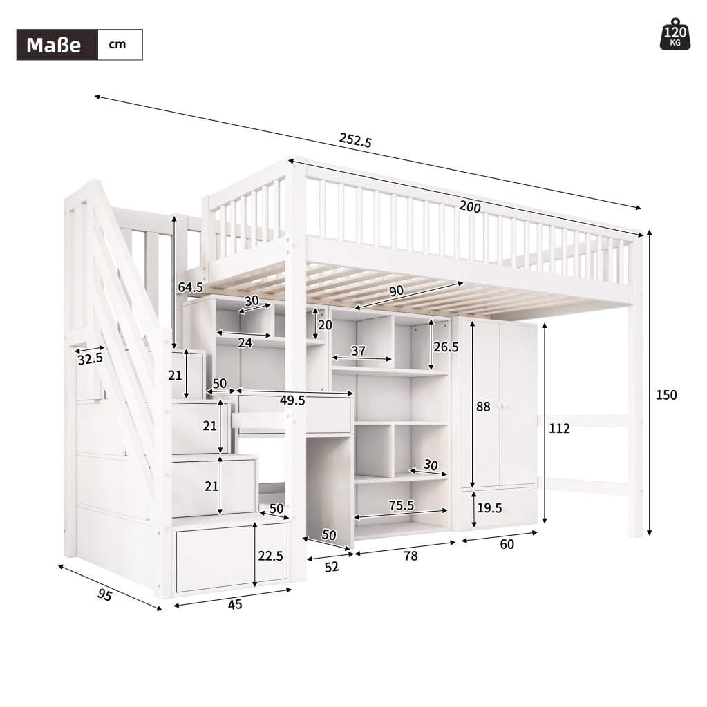 Letto a soppalco ULEVR 90x200 cm con scrivania, scala contenitore e armadio, bianco