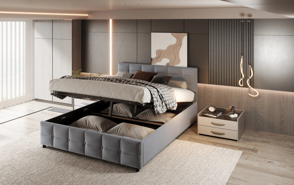 Letto imbottito 180x200 cm con rete a doghe e sollevamento idraulico, velluto olandese grigio