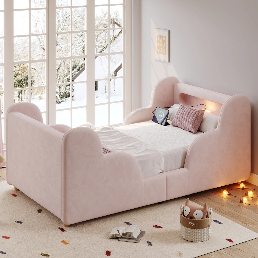 Letto singolo per bambini 90x200 cm in velluto rosa con luce notturna e USB