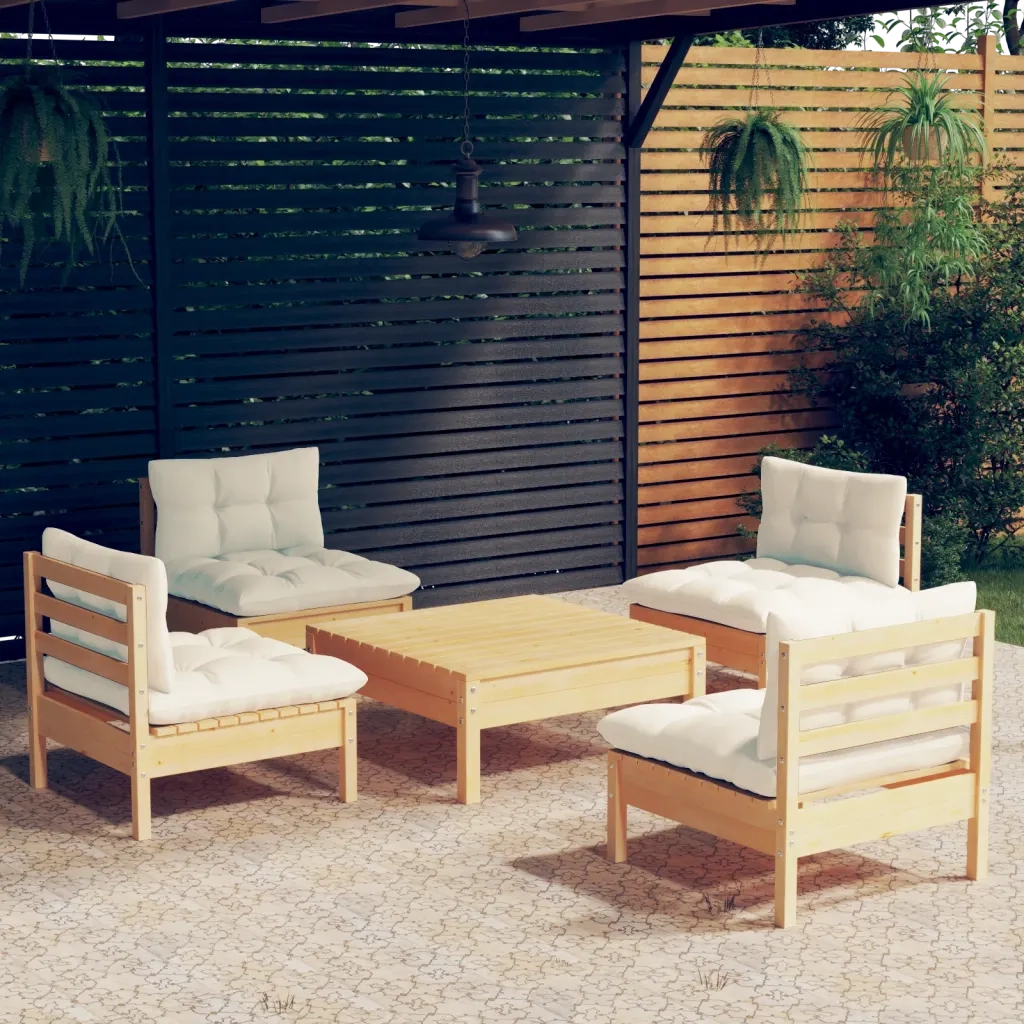 Set Divani da Giardino 5 pz con Cuscini Crema in Massello di Pino cod mxl 41422