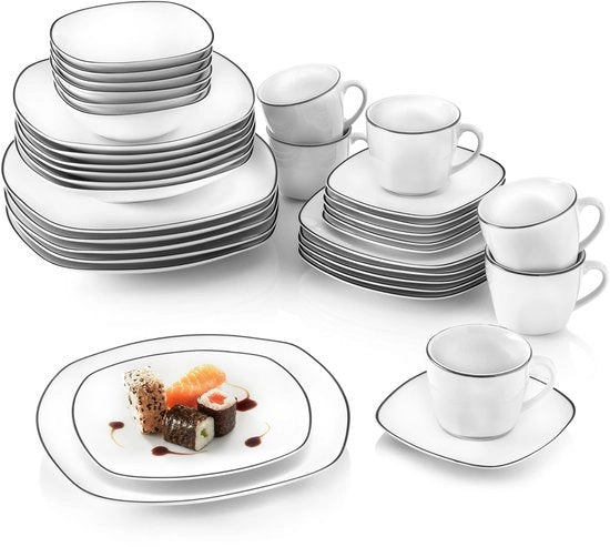 Set di servizio da tavola 36 pezzi - Porcellana - Set da 6 persone - Resistente al lavastoviglie - Piatti/ Dessert/Dolci - Set di caffè - Ridotto spazio e Stivabile