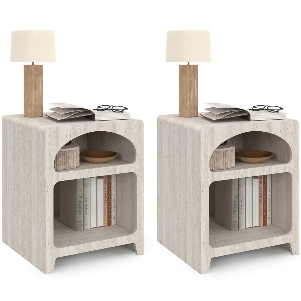 IDMarket - Set di 2 comodini organici a 2 scomparti ALESIA beige effetto marmo