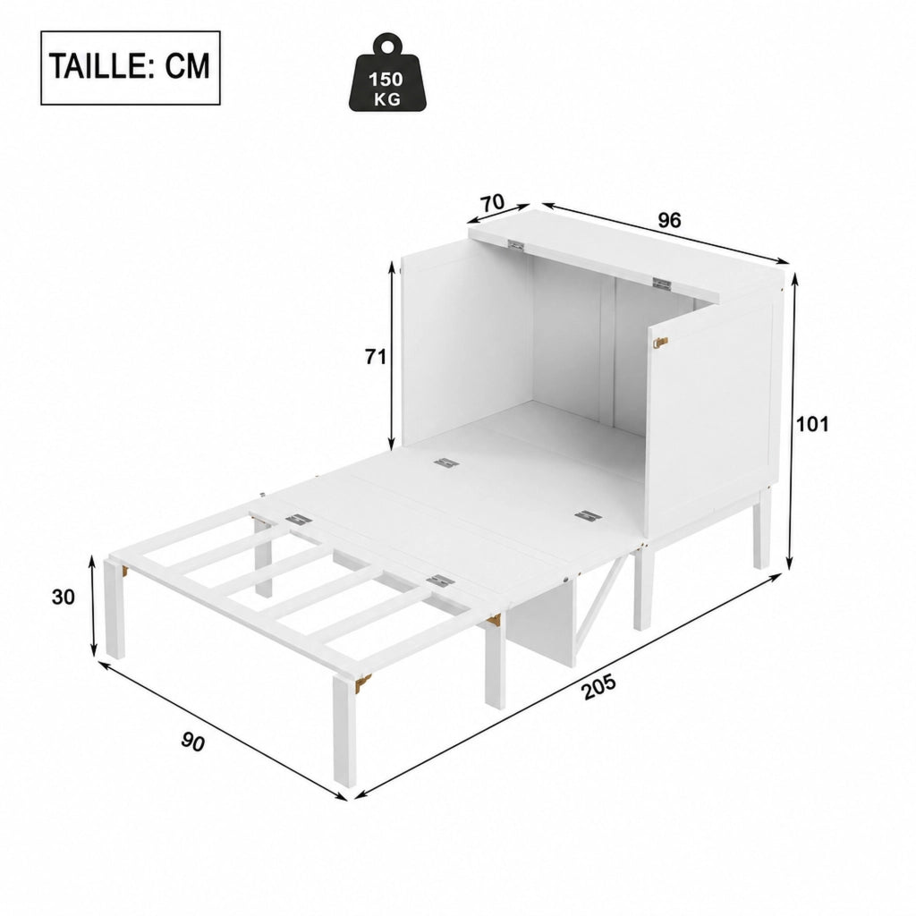 DESMIU Letto a scomparsa 90 × 200 cm 1 posto con vano portaoggetti e piano d'appoggio, senza materasso, bianco