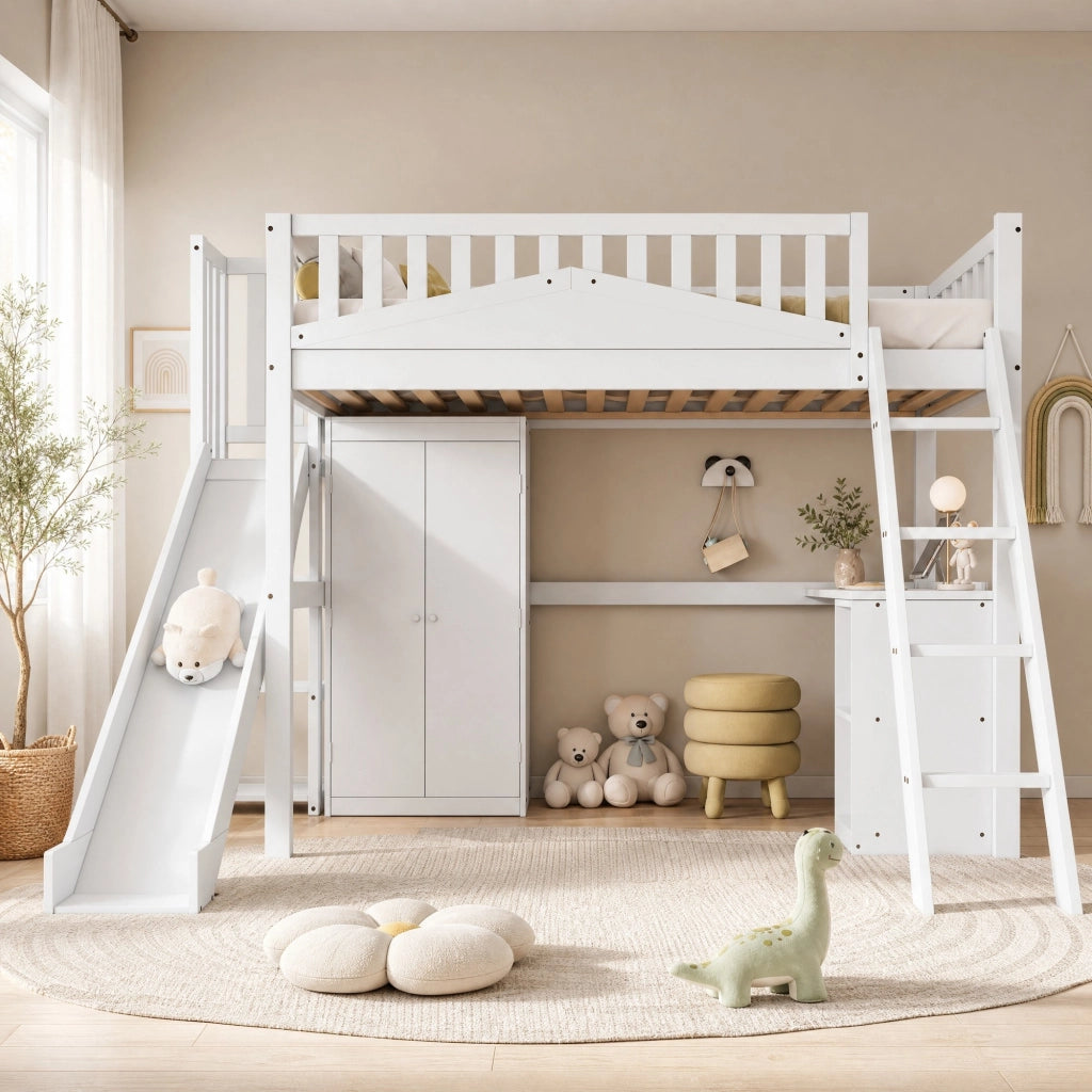 Letto a castello multifunzione con scivolo, scrivania, armadio e ripiani