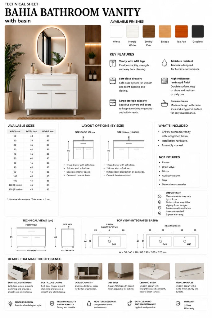 Mobile bagno con lavabo ORIGENBATH BAHIA senza specchio 120x45 cm 1 vasca bianco nordico