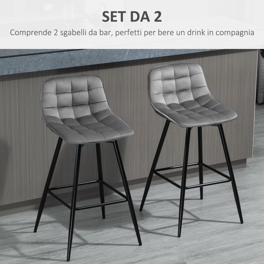 Set 2 Sgabelli Imbottite da Bar 45x47x88 cm in Metallo e Tessuto Vellutato Grigio