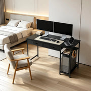 Scrivania con 2 cassetti in tessuto, ripiano laterale, prese usb e tipo c, per studio e soggiorno, nera 120 × 51 × 75 cm